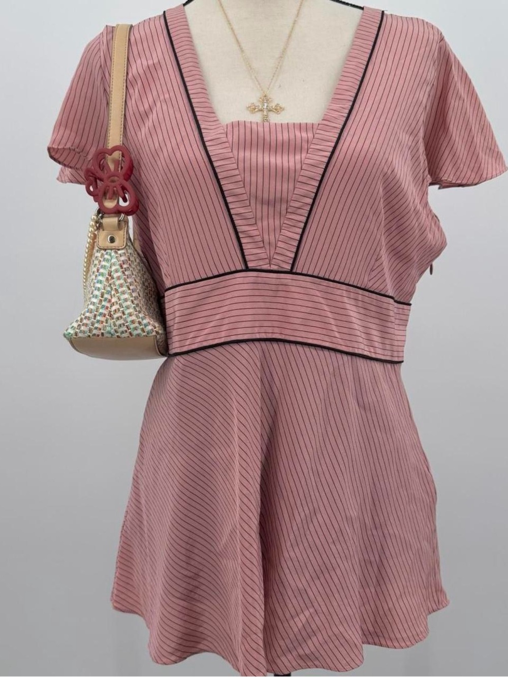 Pink Pinstripe V-Neck babydoll 100% silk top women’s sz 12